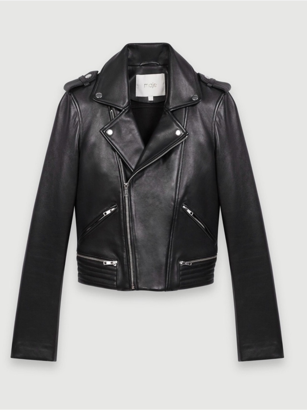 Maje Black Leather Moto Jacket with Silver Hardware